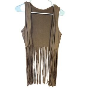 Brown Faux Suede Fringe Vest Open Front Boho Western Tassel Sleeveless Top